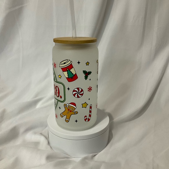 🔥SALE $15🎄16 OZ Handmade Frosted Glass Can Cup, W/Lid & Straw, Christmas Spirits - Picture 6 of 9